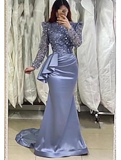 levne fialová-Mořská Panna Večerní Šaty Flitry Elegantní Šaty Formální Délka Po Zemi Dlouhý Rukáv Náhrdelníkový Výstřih Maškarní Šaty