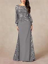 cheap Floor Length-A-Line Mother of the Bride Dress Formal Wedding Guest Elegant Jewel Neck Floor Length Chiffon Sequined Long Sleeve with Sequin 2025 free custom size