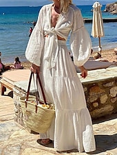 preiswerte Kleider für die Ferien-Damen Kleid-Set Weißes Kleid Schaukelkleid Boho Glatt mit Schnürung Rüsche kleid lang Langarm V Ausschnitt Urlaub Strand Weiß Sommer Frühling Regular Fit