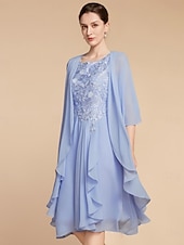 economico Con giacca-Completo Due Pezzi Abito a Tubo Madre della Sposa Ospite di Nozze Elegante Piccolo Scollatura a Costa Lunghezza al Ginocchio Chiffon Pizzo Manica Mezza con Ruching Colore Solido taglia personalizzata