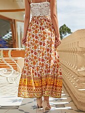 billiga Kjolar-Dam Kjol A-linje Gunga Böhmen Mode Ledigt Boho Maxi Hög midja Kjolar Blommig Snörning Mönster Kluvna toppar Semester Dagligen Gul Rubinrött Grön Sommar Konstsilke