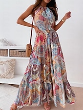 billige Boho-kjoler-Dame Lang kjole Maxikjole Uformell kjole Boho elegante kjoler Boho-kjole Bohem Gatemote A-linje Feriereise Gate Ferie Normal Blomstret Paisly Ermeløs Grimehals Rød Blå Sommer