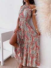 billige Boho-kjoler-Dame Lang kjole Maxikjole Uformell kjole Boho elegante kjoler Boho-kjole Bohem Gatemote A-linje Feriereise Gate Ferie Normal Blomstret Paisly Ermeløs Grimehals Rød Blå Sommer