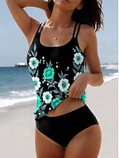 billiga Tankinis-Damernas badkläder tankini 2 del shorts baddräkt 2 del tryck semester strandkläder blommig ärmlös baddräkter
