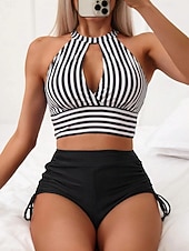 economico Tankini-Costume da bagno tankini 2 pezzi da donna arricciato slip controllo della pancia alta vita slim senza schiena vacanza mare abbigliamento a righe collo all'americana senza maniche