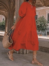 お買い得  ホワイトカジュアルドレス-レディースミドル丈ドレス ホワイト ティアード ボヘミアンスタイル ショートパフスリーブ カジュアル ゆったり ビーチ 夏 通気性 コットン 衣類 アパレル