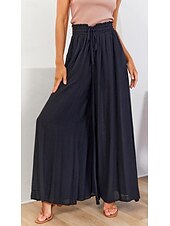 abordables Pantalon en coton et lin-Femmes Jambe large Pantalon en coton et lin Pantalons Mode Longueur complète Trèfle Cordon de serrage Poches Latérales in in france they say Pontalon wide leg Respirabilité Confortable Non Elastique