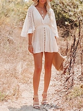 cheap White Lace Dresses-Women&#039;s Mini Dress White Dress Lace Dress Boho Chic Dresses Boho Dress Bohemia A Line Date Regular Fit 3/4 Length Sleeve V Neck Black White Yellow Pink Summer Spring