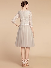 cheap Mother of the Bride-A-Line Mother of the Bride Dress Wedding Guest Elegant Petite Crew Neck Knee Length Lace Tulle Half Sleeve with Pleats Solid Color 2025