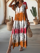 abordables Robes Rayés et Géométriques-robe longue femme col en V imprimé tie-dye bleu vert blanc fente latérale décontractée plage été fluide confortable polyvalent manches courtes tailles disponibles mode