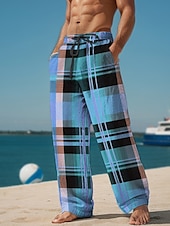 cheap Men&#039;s Printed Casual Pants-Plaid Color Block Men&#039;s Resort 3D Printed Casual Pants Trousers Elastic Waist Drawstring Loose Fit Straight-Leg Summer Beach Pants S TO 3XL