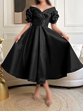preiswerte Cocktailkleider-A-Linie Cocktailkleider Elegantes Kleid Formal Prom Teelänge Kurze Ärmel Herzförmiger Satin mit Rüschen Kleider