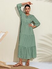 economico abito casual stampato-Per donna Abito linea A Orlo maxi Vestito maxi Verde Manica lunga Geometrico geometrico geometrico Primavera A V Vestito con motivo Stile di moda semplice Da mare S M L