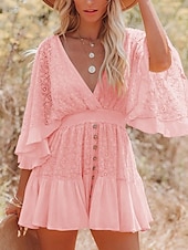 cheap White Lace Dresses-Women&#039;s Mini Dress White Dress Lace Dress Boho Chic Dresses Boho Dress Bohemia A Line Date Regular Fit 3/4 Length Sleeve V Neck Black White Yellow Pink Summer Spring
