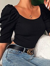 levne Hladké dámské topy-Tričko Dámské Černá Žlutá Světlá růžová Pevná barva Nabírané šaty ulice Denní Módní Hranatý Běžný S