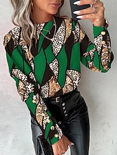 billige Dressy topper-damebluse elegant fargeblokk knapper print raglanermer lange ermer rund hals uformell gul rød blå grønn vår &amp;amp; sommer
