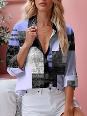 preiswerte Damen Streifen- und geometrische Oberteile-Damenhemd Langarm Knopfbluse Modisch Farbblock Druck Reguläre Tops Hemd Kragen Lässig Gelb Pink Blau Frühling  Herbst