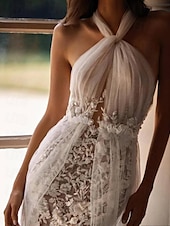 preiswerte lässige Brautkleider-kleine weiße Kleider Boho Brautkleider Etui-Camisole ärmellos Hofschleppe Spitzen-Brautkleider mit Perlenstickerei 2025