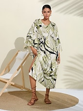 abordables robe décontractée imprimée-Robe longue en satin à fleurs, col en V, robe caftan