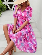 abordables Robes fleuries décontractées-robe décontractée pour femme imprimé floral col en V robe midi ethnique bohème vacances manches courtes été