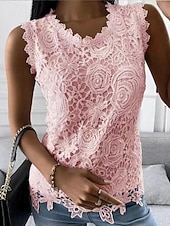 Women's Camisole Tank Top Eyelet top White Lace Shirt Women's Black White Pink Solid Color Lace Street Daily Fashion Round Neck S 10