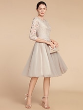 cheap Mother of the Bride-A-Line Mother of the Bride Dress Wedding Guest Elegant Petite Crew Neck Knee Length Lace Tulle Half Sleeve with Pleats Solid Color 2025
