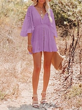 cheap White Lace Dresses-Women&#039;s Mini Dress White Dress Lace Dress Boho Chic Dresses Boho Dress Bohemia A Line Date Regular Fit 3/4 Length Sleeve V Neck Black White Yellow Pink Summer Spring