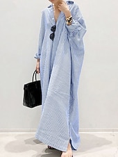 cheap Print Cotton &amp; Linen Dresses-Women&#039;s Black White Light Green Summer Spring Fall Maxi Dress Cotton Linen Dresses Casual Dress Shift Dress Basic Casual Outdoor Winter Dress Vacation Loose Fit Striped Shirt Collar