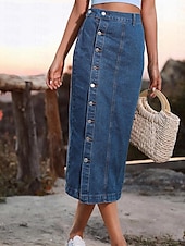 abordables Jupes-Femme Jupe Jupe mi-longue en jean Mode Décontractées Midi Taille haute Jupes Couleur Pleine Pointes fourchues Casual Quotidien Fin de semaine Noir bleu marine Bleu de minuit Eté Jean