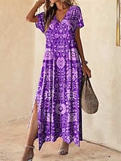 levne Boho šaty-Dámské maxi šaty vintage šaty neformální šaty sukňové šaty vintage etnické kmenové ramenní dovolená ulice svátek běžné měření kmenové krátké rukávy výstřih ve tvaru V vínově červené fialové léto