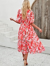 abordables Robes fleuries décontractées-robe décontractée pour femme imprimé floral col en V robe midi ethnique bohème vacances manches courtes été