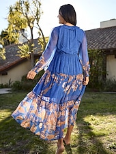 economico abito casual stampato-abito boho in chiffon con fiori tropicali e maniche a sbuffo
