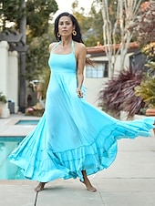 cheap Vacation Dresses-Women&#039;s Resort Maxi Dress Smocked Waist Blue Elegant Halter Neck Cami Maxi Dress Beach Cover Up