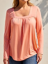 cheap Plain tee-Women&#039;s T Shirt Burgundy Tee Dressy Tops Plain Daily Basic Beach Long Sleeve Square Neck Regular Tops Casual White long sleeve Blue long sleeve Black long sleeve Wine red long sleeves Pink Fall
