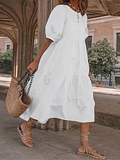preiswerte Weiße Freizeitkleider-Damen mittellanges Kleid weiß gestuft Bohemian Stil kurze Puffärmel lässig fließend Strand Sommer atmungsaktive Baumwolle Kleidung Bekleidung