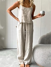abordables Conjuntos-Conjuntos de pijama de dos piezas para mujer, sencillos, básicos, cómodos, de color puro, de algodón y lino, con tirantes, para uso diario en casa, para cama, sin mangas, con tirantes, en blanco, azul, gris claro, gris oscuro, para verano.