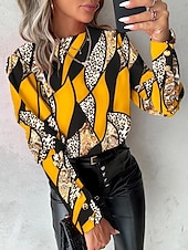 billige Dressy topper-damebluse elegant fargeblokk knapper print raglanermer lange ermer rund hals uformell gul rød blå grønn vår &amp;amp; sommer