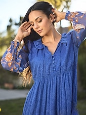 economico abito casual stampato-abito boho in chiffon con fiori tropicali e maniche a sbuffo