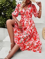 abordables Robes fleuries décontractées-robe décontractée pour femme imprimé floral col en V robe midi ethnique bohème vacances manches courtes été