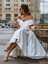 baratos Vestidos Brancos Curtos-Vestidos de Noiva Simples Vestidos Brancos de Cetim Vestidos A-Line Ombros Descidos Formais com Manga Curta Comprimento Chá com Cor Sólida 2025