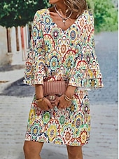 ieftine Rochii boho-Pentru femei Rochie Mini Rochie casual Rochie de primăvară Șic Stradă Mânecă cu volan Vacanță Stradă Dată Potrivire Largă Floral Lungime Manșon 3/4 În V Galben Vară Primăvară