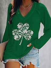 ieftine Tricouri St Patrick-Pentru femei Tricou trifoi alb Modă Manșon Lung În V Topuri obișnuite Ziua Sf. Patrick Casual Imprimeu Verde Crud Alb Verde Deschis Verde Închis Trifoi Primăvara &amp; toamnă