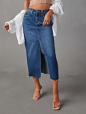 abordables Jupes unies-Femme Jupe Trapèze Jupe mi-longue en jean Mode Décontractées Midi Taille haute Jupes Couleur Pleine Poche Pointes fourchues Plein Air du quotidien Bleu Bleu clair Eté Jean