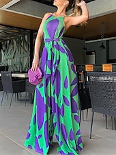 baratos macacão de férias-Mulheres Normal Macacão Roupa de rua Floral Sem Manga Halter pescoço Cintura Alta Imprimir Rua Diário Normal Vermelho Verde Verão