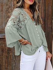 preiswerte Basic-Damenoberteile-Hemd Boho-Shirt Spitzenhemd Bluse Damen Schwarz Weiß Rosa Feste Farbe Spitze Taste Strasse Täglich Modisch V Ausschnitt S