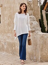 cheap Plain tee-T shirt Tee Women&#039;s Darkblue Black White Solid / Plain Color Patchwork Irregular Hem Street Date Daily Classic Round Neck Regular Fit S