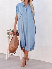 ieftine Rochii tip cămașă-Pentru femei Rochii Tip Cămașă Rochii Midi Denim Buton Buzunar Dată Șic Stradă Guler Cămașă Manșon scurt Albastru piscină Culoare