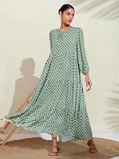 economico abito casual stampato-Per donna Abito linea A Orlo maxi Vestito maxi Verde Manica lunga Geometrico geometrico geometrico Primavera A V Vestito con motivo Stile di moda semplice Da mare S M L