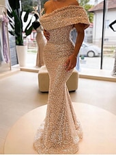 preiswerte Sekt-goldenes Meerjungfrau-Abendkleid mit Pailletten, elegantes, formelles, bodenlanges, ärmelloses, schulterfreies Maskenballkleid 2025