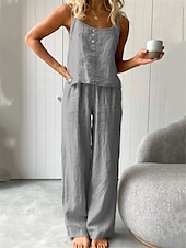 abordables Conjuntos-Conjuntos de pijama de dos piezas para mujer, sencillos, básicos, cómodos, de color puro, de algodón y lino, con tirantes, para uso diario en casa, para cama, sin mangas, con tirantes, en blanco, azul, gris claro, gris oscuro, para verano.